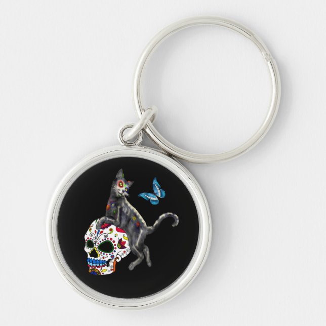 Day Of The Dead Cat Sugar Skull And Butterfly Keychain (Front)