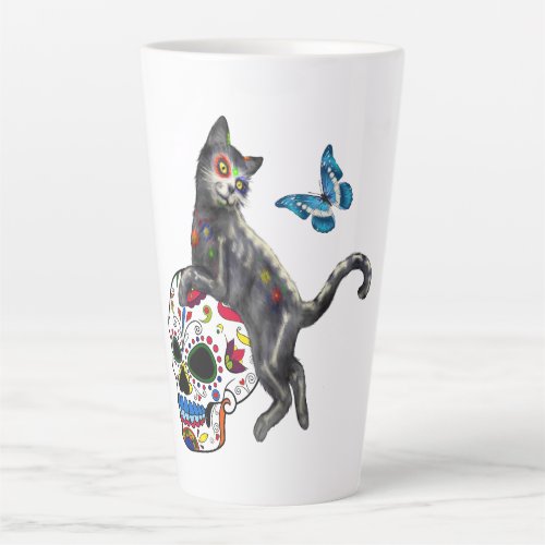 Day Of The Dead Cat Sugar Skull And Butterfly Latte Mug
