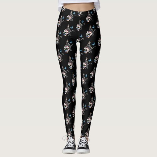 Day Of The Dead Cat Sugar Skull And Butterfly Leggings