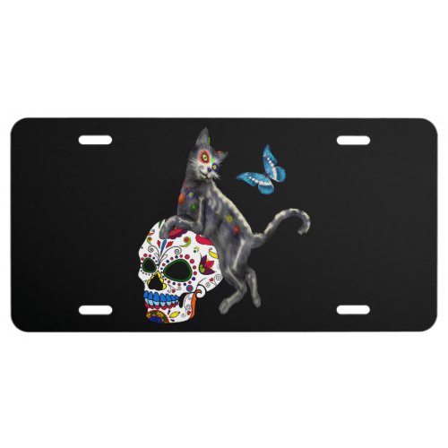 Day Of The Dead Cat Sugar Skull And Butterfly License Plate