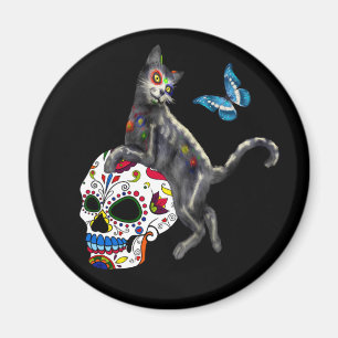 Day Of The Dead Cat Sugar Skull And Butterfly Magnet