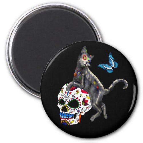 Day Of The Dead Cat Sugar Skull And Butterfly Magnet