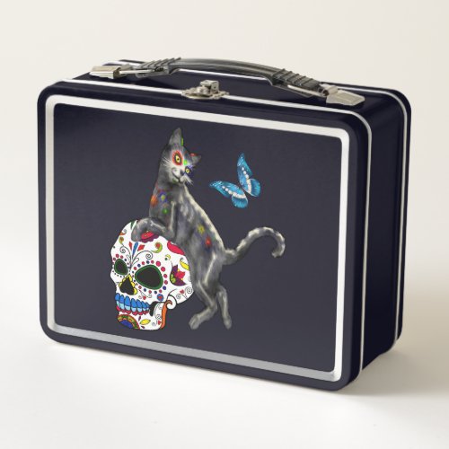 Day Of The Dead Cat Sugar Skull And Butterfly Metal Lunch Box