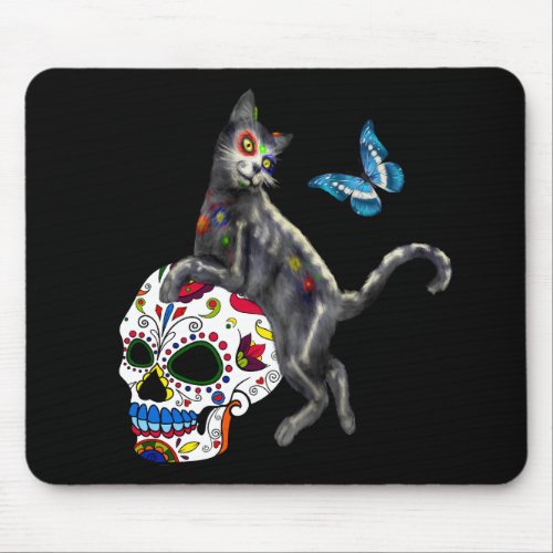 Day Of The Dead Cat Sugar Skull And Butterfly Mouse Pad