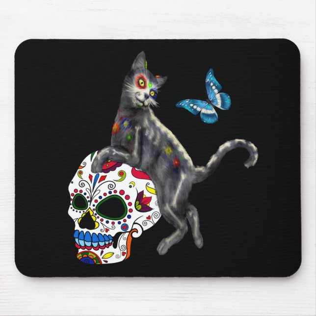 Day Of The Dead Cat Sugar Skull And Butterfly Mouse Pad (Front)