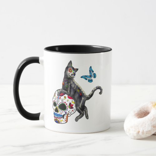Day Of The Dead Cat Sugar Skull And Butterfly Mug