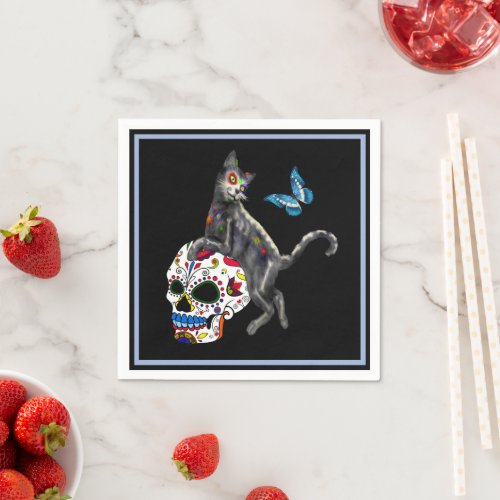 Day Of The Dead Cat Sugar Skull And Butterfly Napkins