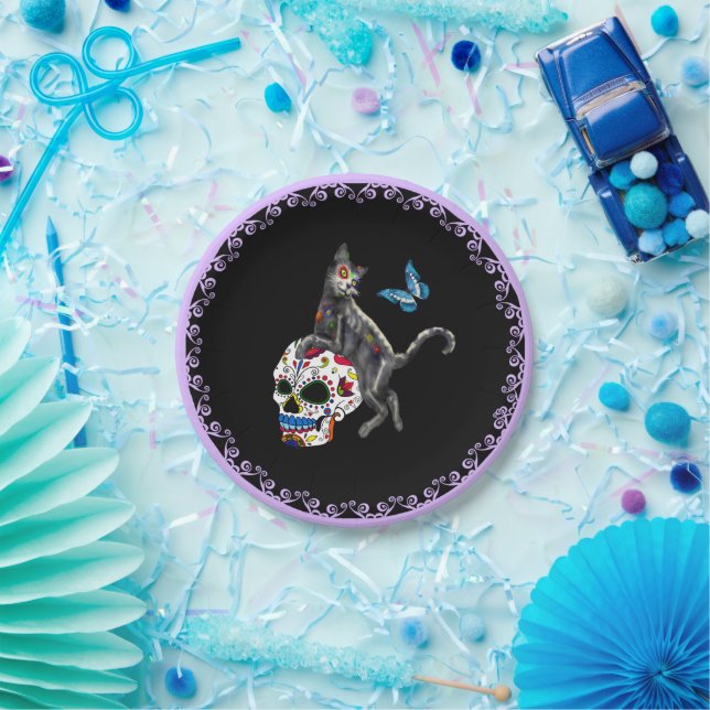 Day Of The Dead Cat Sugar Skull And Butterfly Paper Plates (Party)