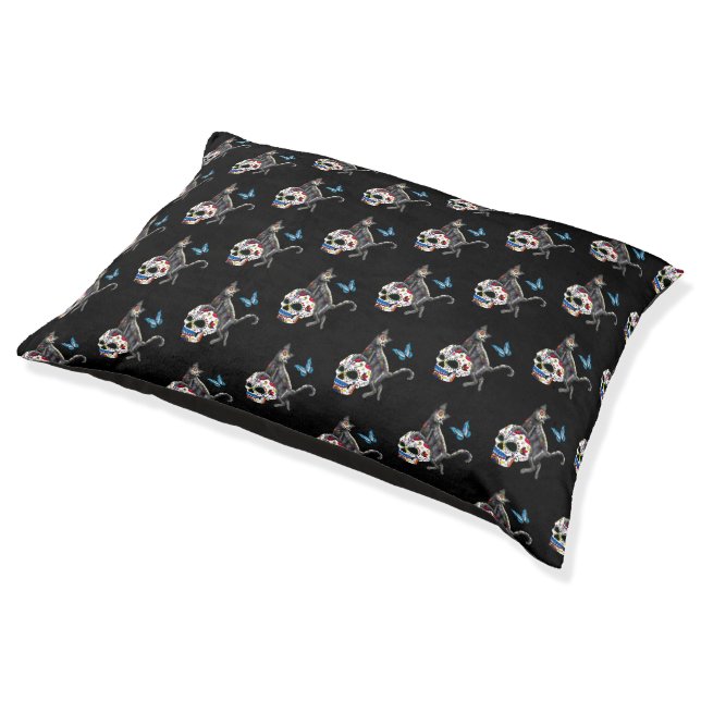 Day Of The Dead Cat Sugar Skull And Butterfly Pet Bed (Angled)