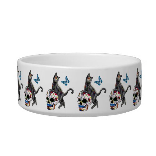 Day Of The Dead Cat Sugar Skull And Butterfly Pet Bowl
