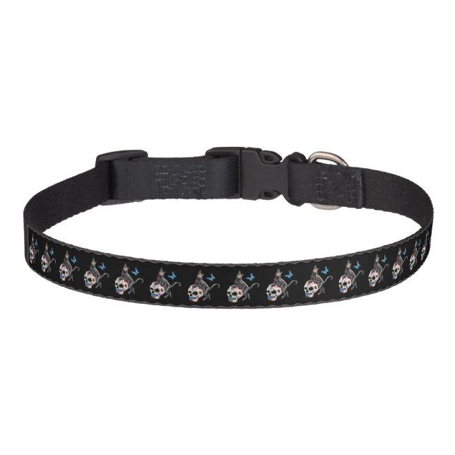 Day Of The Dead Cat Sugar Skull And Butterfly Pet Collar (Front)