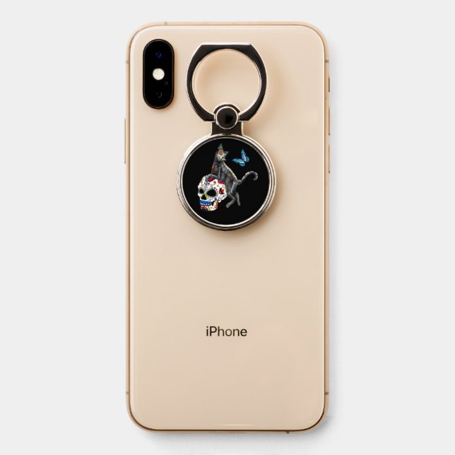 Day Of The Dead Cat Sugar Skull And Butterfly Phone Ring Stand (On Phone)