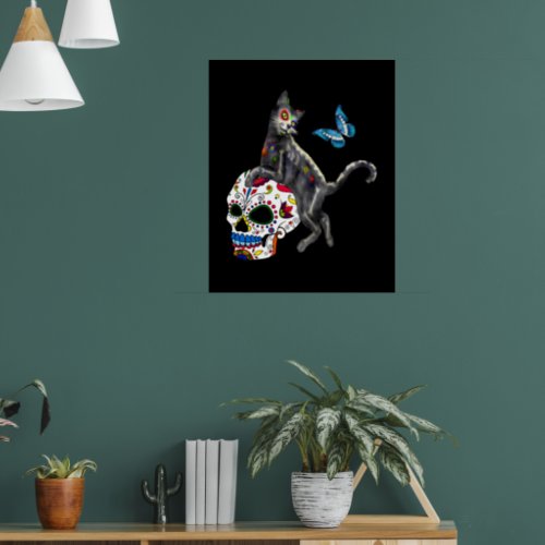 Day Of The Dead Cat Sugar Skull And Butterfly Poster