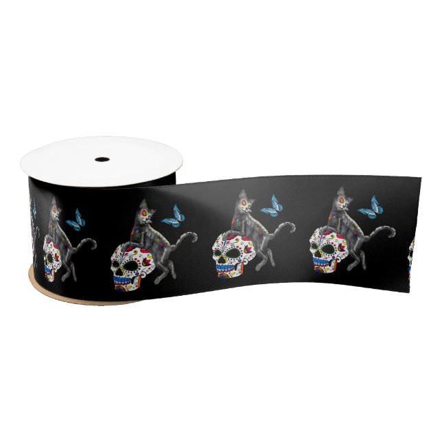 Day Of The Dead Cat Sugar Skull And Butterfly Satin Ribbon (Spool)