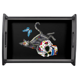 Day Of The Dead Cat Sugar Skull And Butterfly Serving Tray