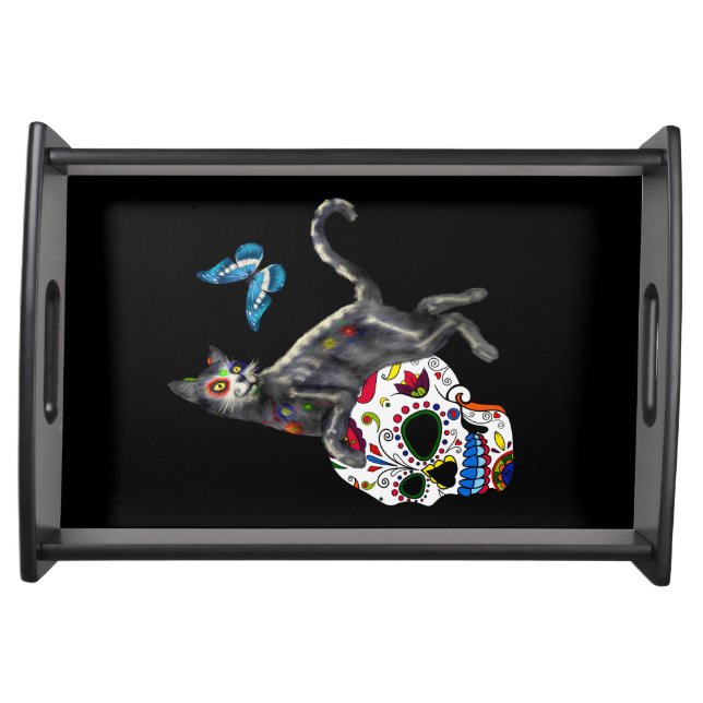 Day Of The Dead Cat Sugar Skull And Butterfly Serving Tray (Front)