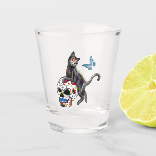 Day Of The Dead Cat Sugar Skull And Butterfly Shot Glass