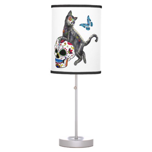 Day Of The Dead Cat Sugar Skull And Butterfly Table Lamp