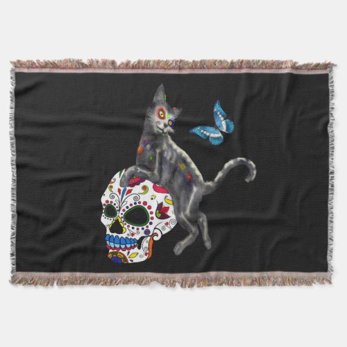 Day Of The Dead Cat Sugar Skull And Butterfly Throw Blanket
