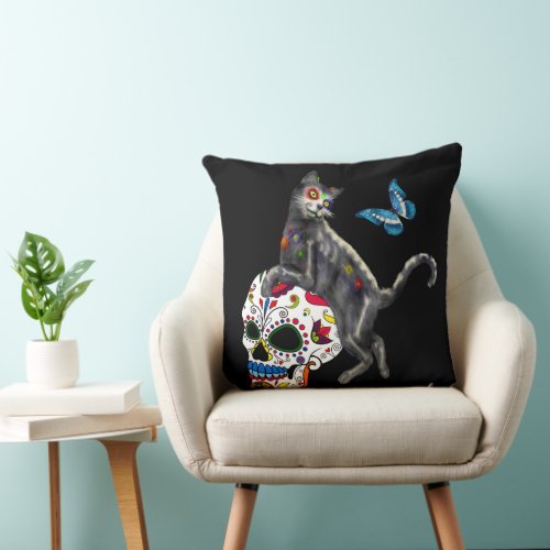 Day Of The Dead Cat Sugar Skull And Butterfly Throw Pillow