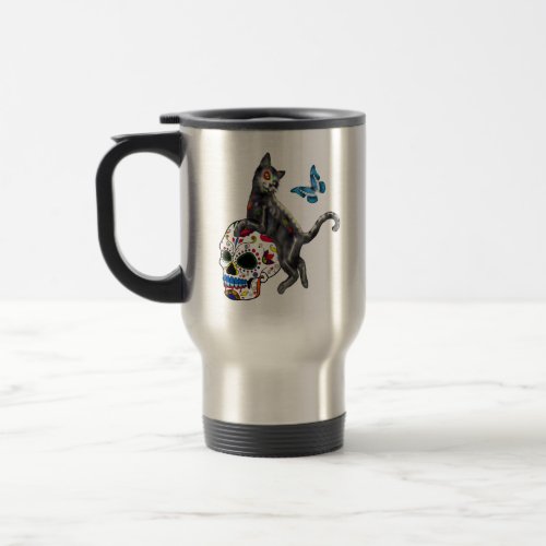 Day Of The Dead Cat Sugar Skull And Butterfly Travel Mug