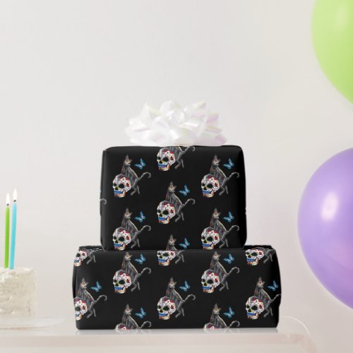 Day Of The Dead Cat Sugar Skull And Butterfly Wrapping Paper