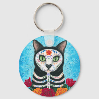 Day of the Dead Cat Sugar Skull Art Keychain