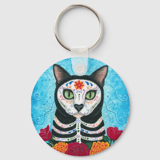 Day of the Dead Cat Sugar Skull Art Keychain (Front)