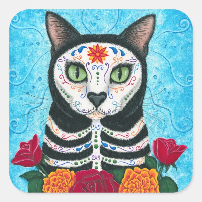 Day of the Dead Cat Sugar Skull Art Sticker (Front)