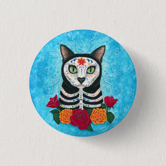 Day of the Dead Cat Sugar Skull Cat Art Button (Front)