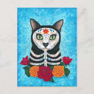 Day of the Dead Cat Sugar Skull Cat Art Postcard