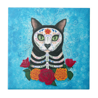 Day of the Dead Cat Sugar Skull Cat Art Tile