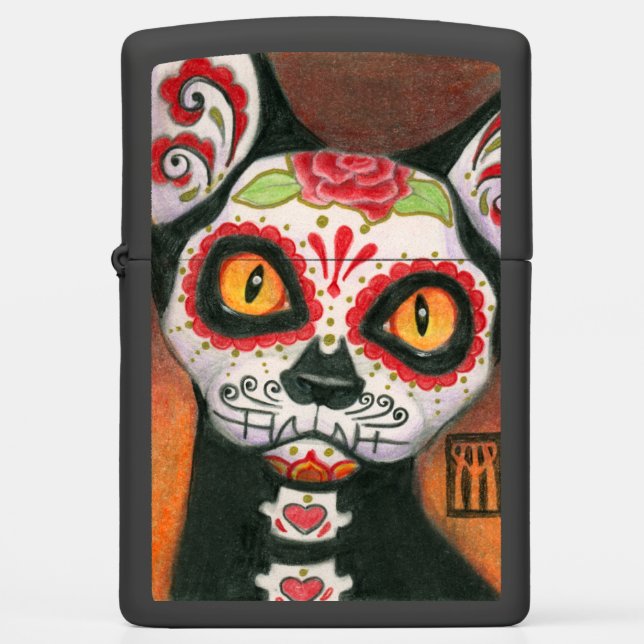 Day of the Dead Cat Sugar Skull Zippo Lighter (Front)