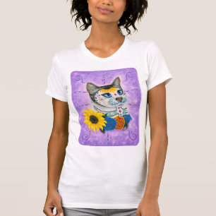 Day of the Dead Cat Sunflowers Sugar Skull Cat Art T-Shirt