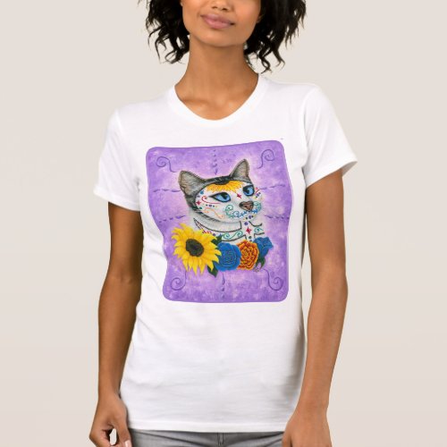 Day of the Dead Cat Sunflowers Sugar Skull Cat Art T_Shirt