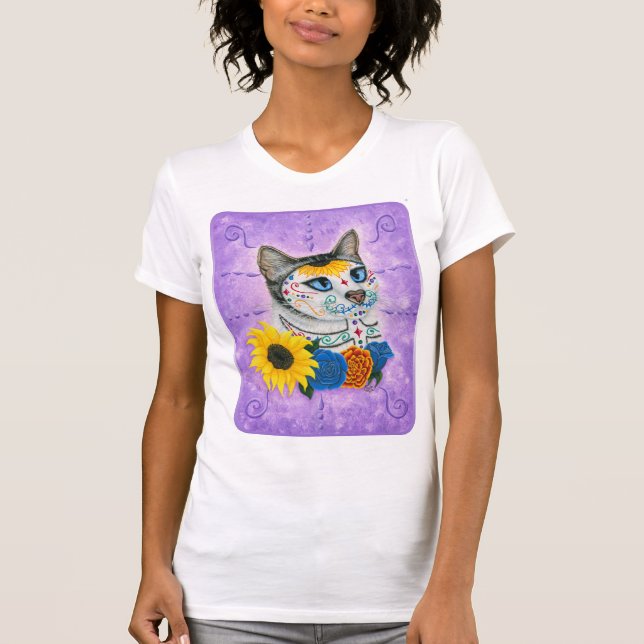 Day of the Dead Cat Sunflowers Sugar Skull Cat Art T-Shirt (Front)