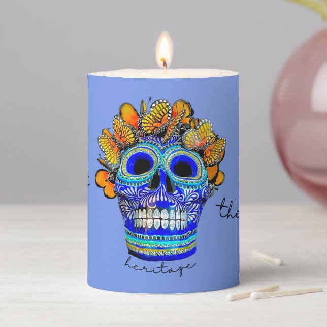 Day of the Dead Catrina & Butterflies Pillar Candle (In Situ)