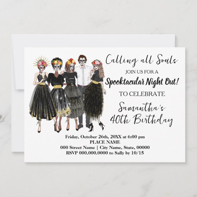 Day of the Dead Catrina Skulls Adult Birthday Invitation (Front)