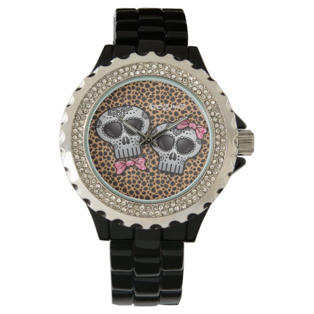 Day of the Dead Cheetah Skull Dia de los Muertos Watch (Front)