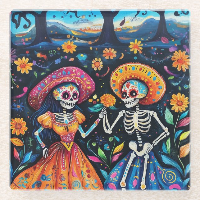Day of the dead colorful design glass coaster (Front)