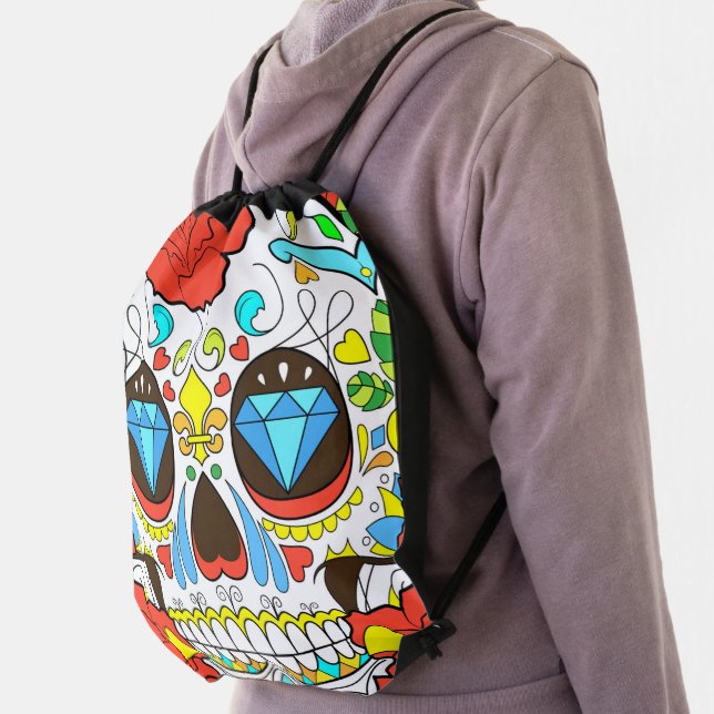Day of the Dead Colorful Skull Art Drawstring Bag (Insitu)