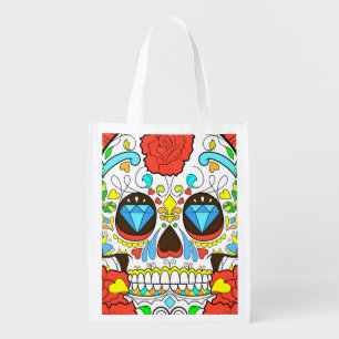 Day of the Dead Colorful Skull Art Grocery Bag