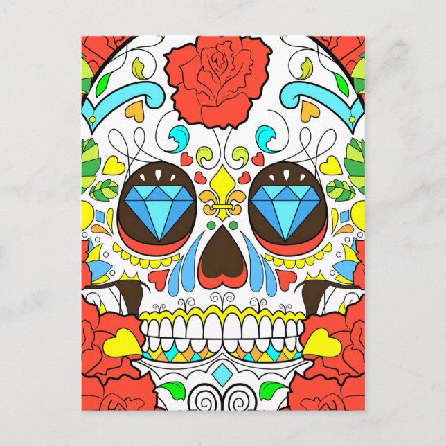 Day of the Dead Colorful Skull Art Postcard (Front)