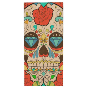Day of the Dead Colorful Skull Art Wood Flash Drive