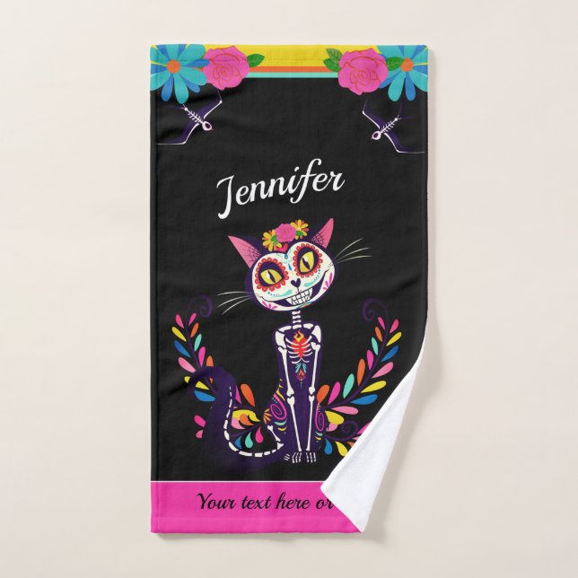 Day of the dead colorful Sugarcat custom text Hand Towel (Hand Towel)