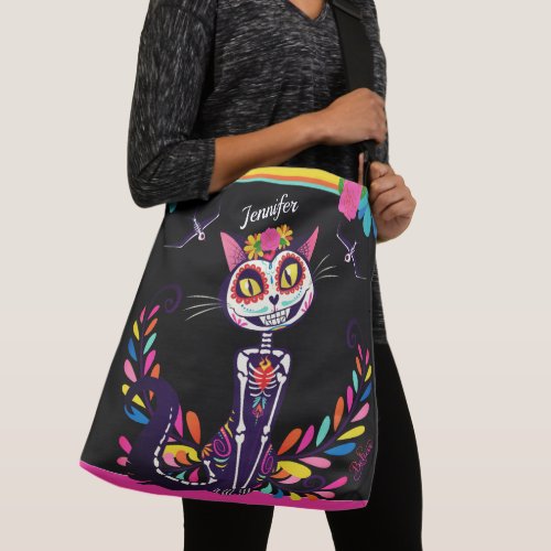 Day of the Dead colorful Sugarcat sugarbird black Crossbody Bag