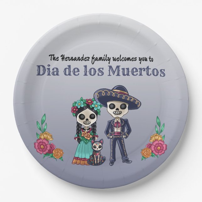 Day of the Dead Couple and Cat Paper Plates (Front)
