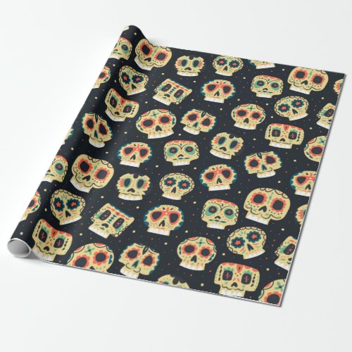 Day Of The Dead Dark Colorful Sugar Skull Pattern Wrapping Paper