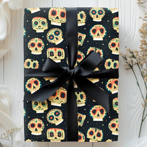 Halloween Essentials 14 Day Of The Dead Dark Colorful Sugar Skull Pattern Wrapping Paper