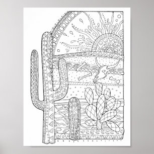 Day of the Dead Desert Cactus Coloring Page Art Poster